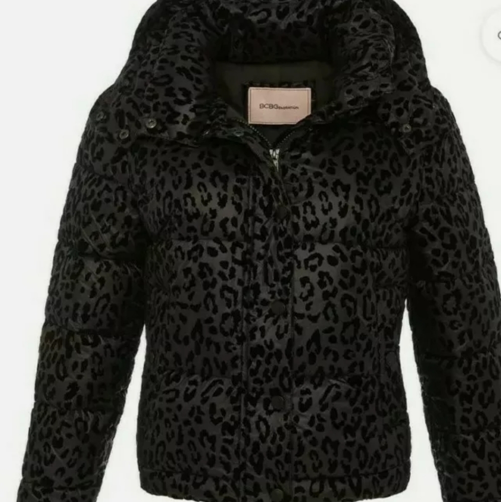 BCBGeneration Hooded Midweight Puffer Jacket Black/Leopard Color Size S/M